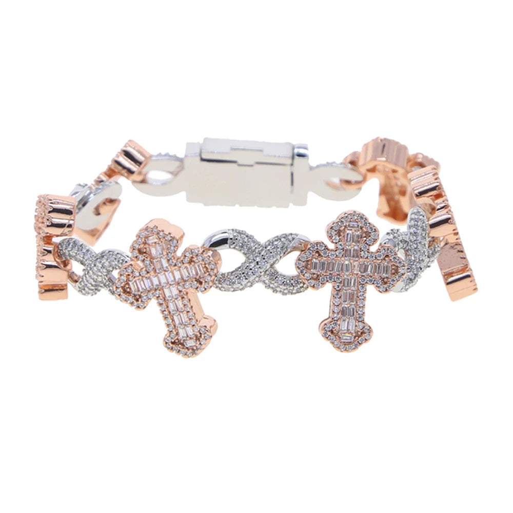 New Iced Out Cross Infinity Charm Bracelet Micro Paved Cubic Zirconia Cuban Chain for Women Men Hip Hop Rapper Jewelry