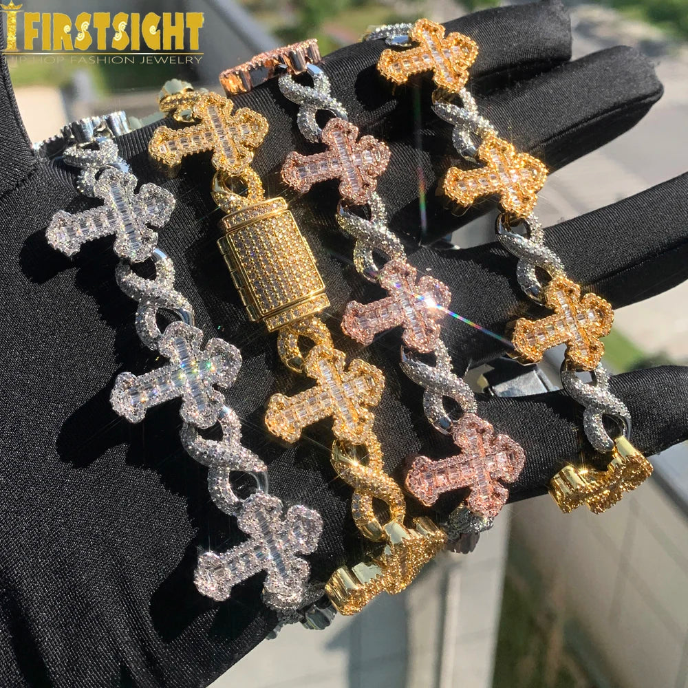 New Iced Out Cross Infinity Charm Bracelet Micro Paved Cubic Zirconia Cuban Chain for Women Men Hip Hop Rapper Jewelry