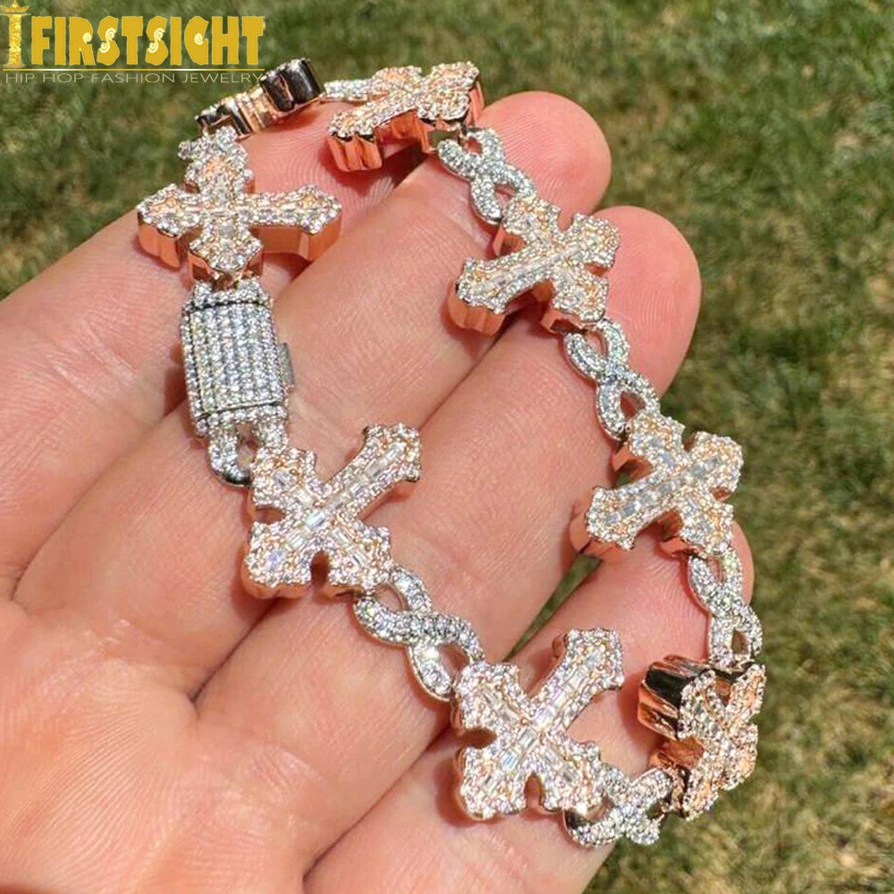 New Iced Out Cross Infinity Charm Bracelet Micro Paved Cubic Zirconia Cuban Chain for Women Men Hip Hop Rapper Jewelry