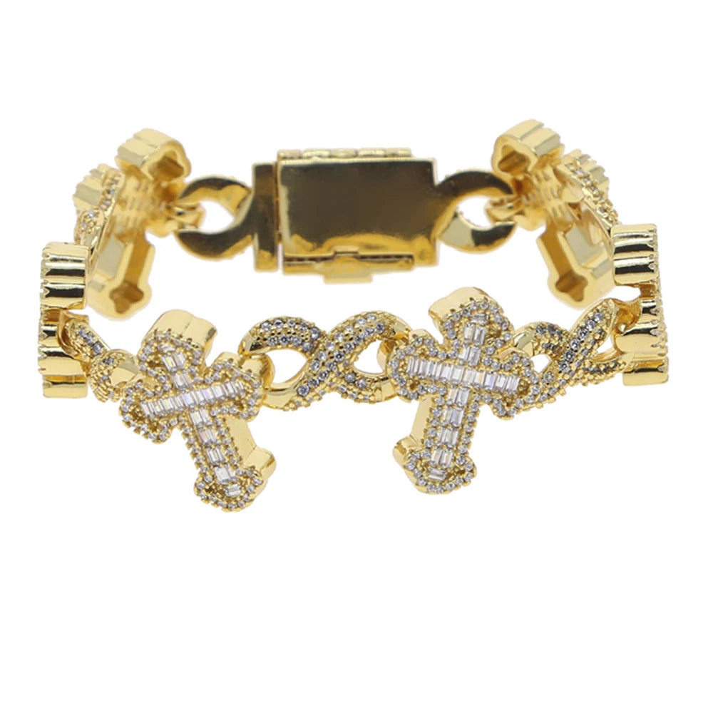 New Iced Out Cross Infinity Charm Bracelet Micro Paved Cubic Zirconia Cuban Chain for Women Men Hip Hop Rapper Jewelry